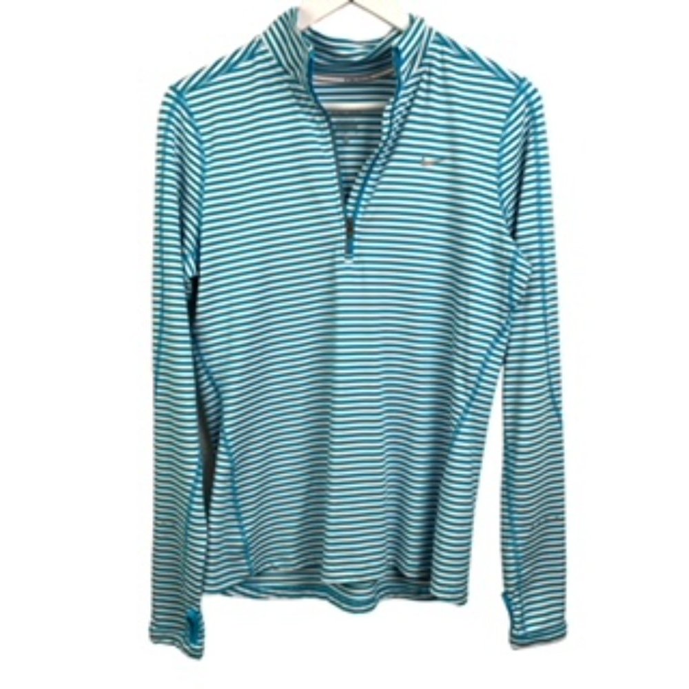 Nike Womens M Blue Dri Fit Long Sleeve Striped Pullover 1/2 Zip Thumb Hole
